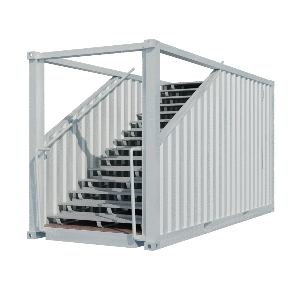 Escalier Box 20&prime; – Container aménagé avec accès ERP, dimensions 6.05m x 2.43m x 2.85m - Image 1