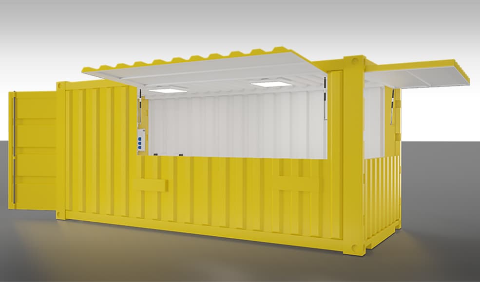 Container Snack 20 – structure ouverte 7,3 m x 3,8 m x 2,7 m et structure fermée 6 m x 2,5 m x 2,7 m - Image 1