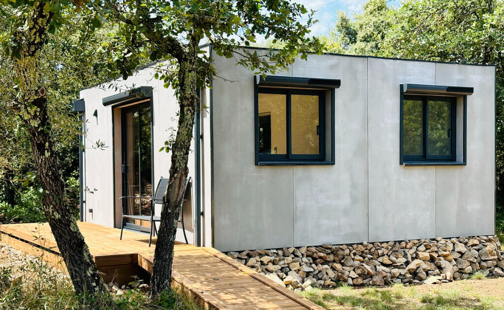 Container aménagé habitable et modulable – LE TWIN – 30m² avec bardage en Viroc imitation béton- Duneloft 1