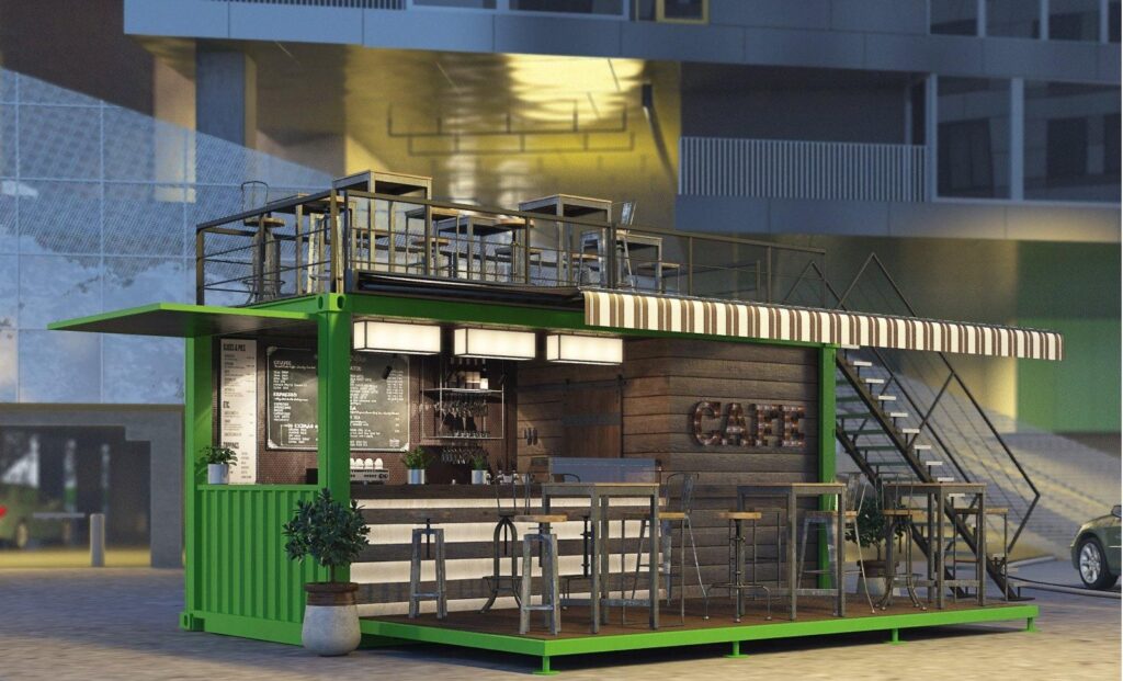 Container café ISK12 type 5 – module en containers maritimes 20 pieds avec terrasse - Image 1