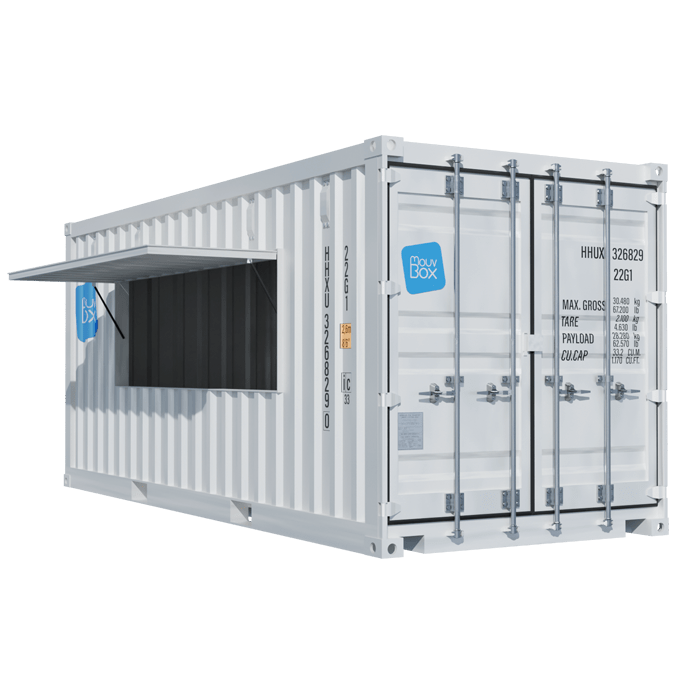 Snack Box 20 pieds version Dynamique – Container aménagé restaurant avec vantail relevable de 3 mètres - Image 1