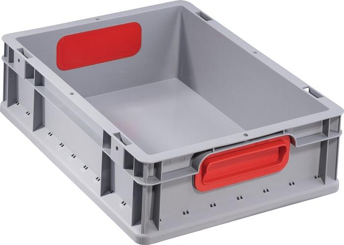 Conteneur de transport gerbable L400xl300xH120 mm gris – Polypropylène indéformable – Poignée rouge fermée – Parois latérales fermées – Compatible europalettes – ALLIT - Image 1