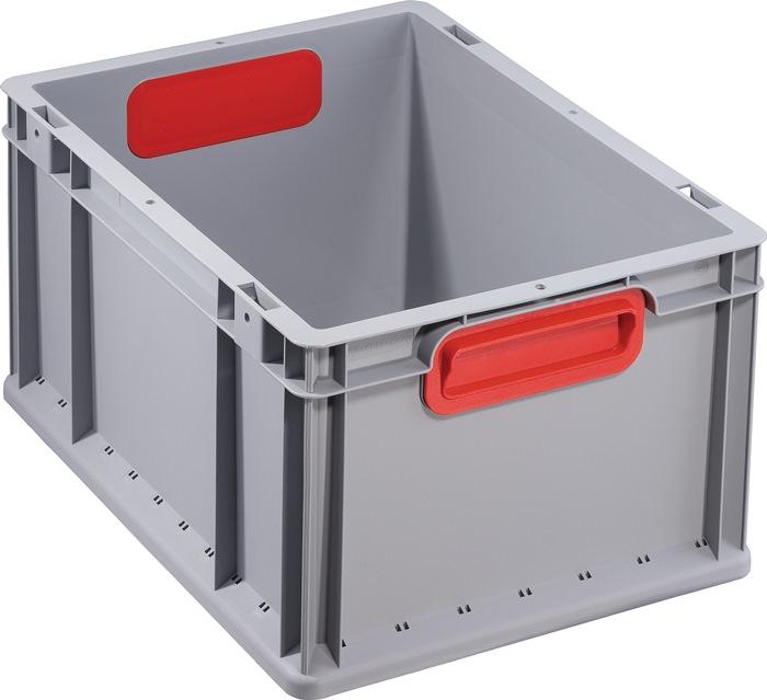 Conteneur de transport gerbable L400 x l300 x H220 mm – gris en polypropylène indéformable – poignée fermée rouge – parois latérales fermées – ALLIT - Image 1