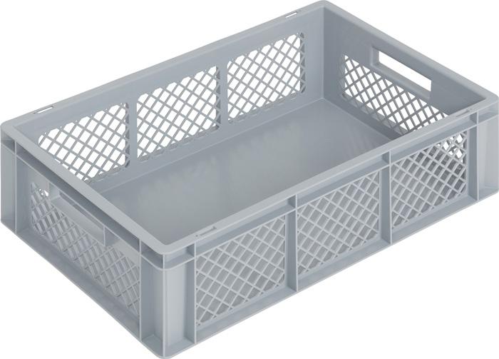 Conteneur de transport gerbable gris LOCKWEILER – L600xl400xH170 mm – PP, poignée traversante, parois latérales ajourées - Image 1