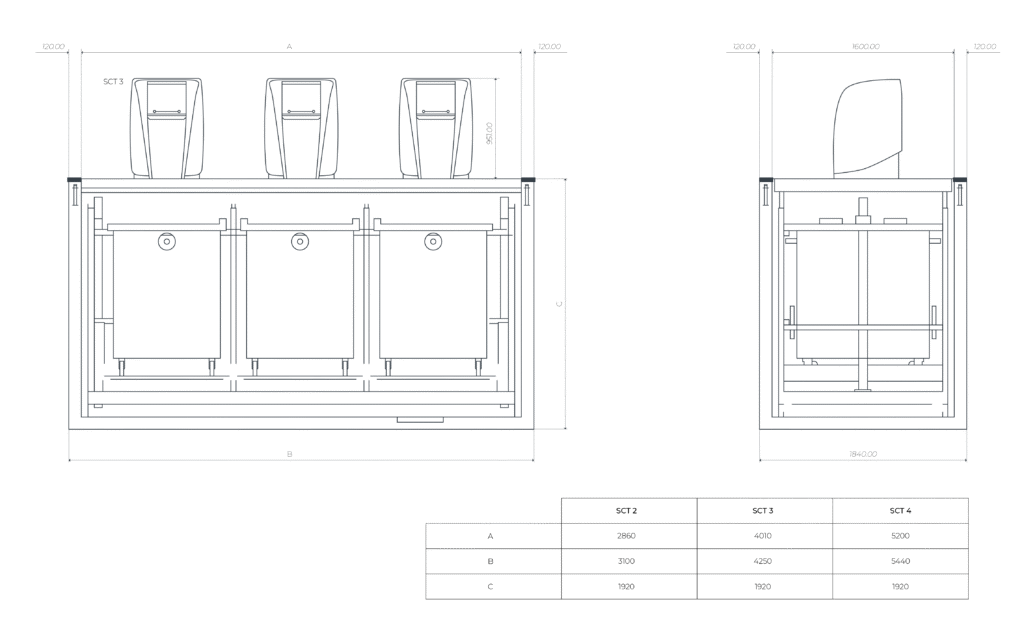 Conteneur Enterrées à Charge Arrière – Colonnes enterrées – Dimensions A 1840 B 120 C 1600 D 120 2