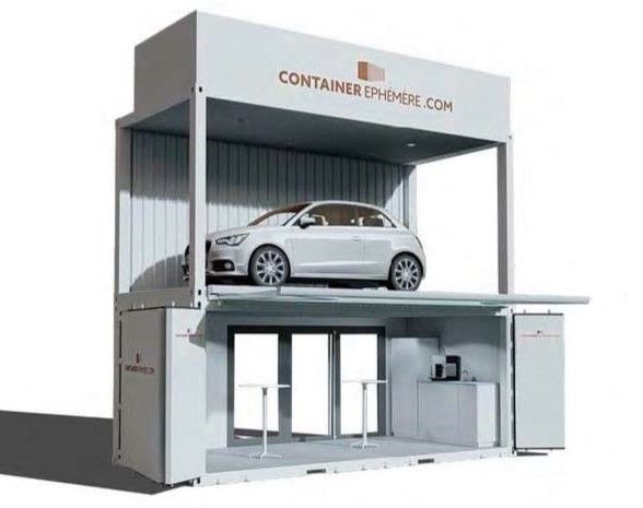 Container Car Box – Container d&rsquo;exposition pour véhicules avec structure en acier corten, ouverture panoramique et personnalisation - Image 1