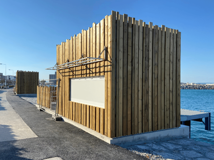 Kiosques marins pêcheurs Port la nouvelle – sur mesure, 5 modules, agencement par la ville, bardage bois, livraison directe - Image 3