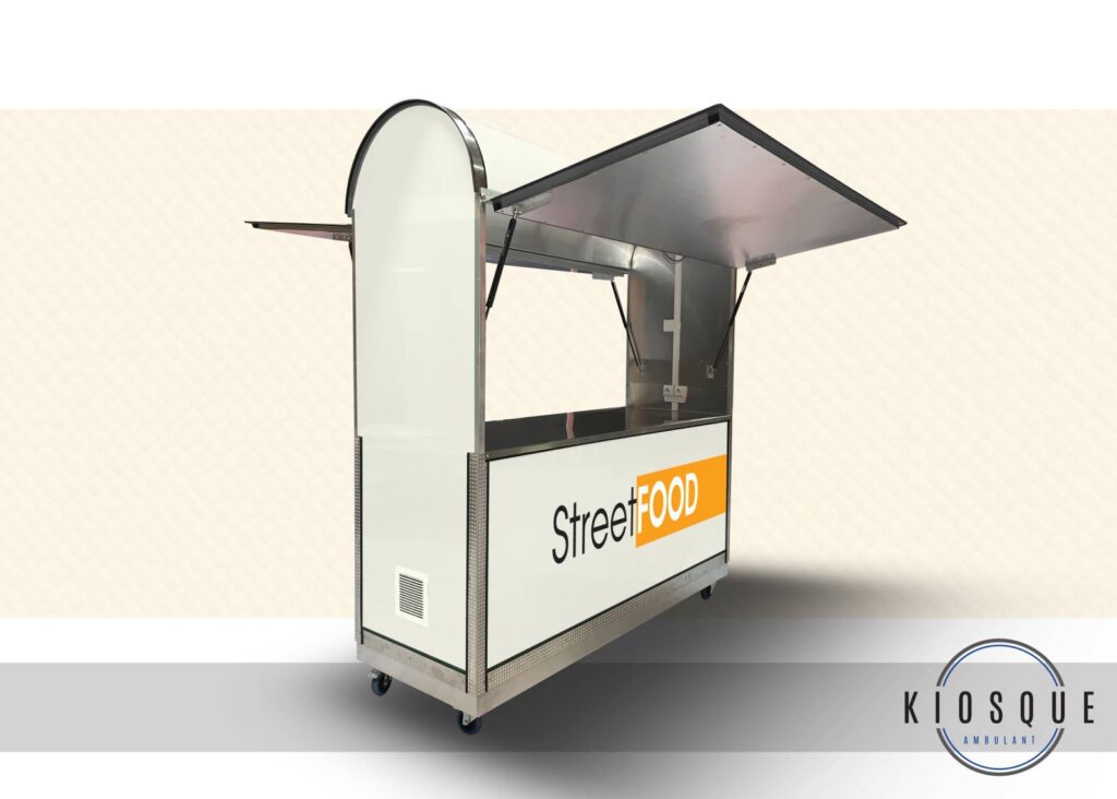 Petit kiosque ambulant – Kiosque mobile roulant ou fixe – Carrosserie aluminium – Plan de travail inox – 217 cm x 80 cm x 200 cm - Image 1