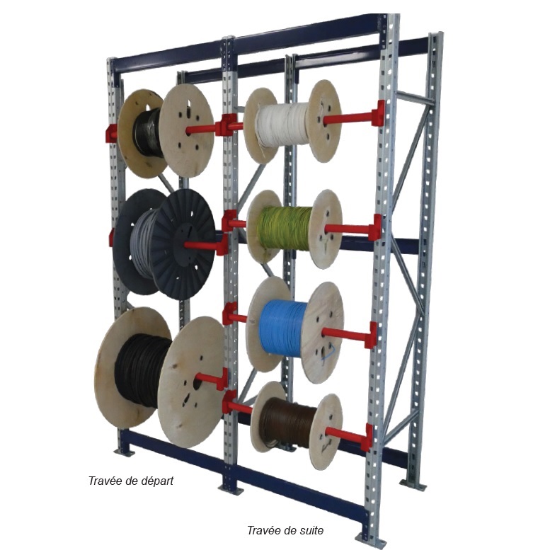 Rack à tourets léger – Stockage de bobines de câbles en acier modulaire – 3 niveaux, charge 80 kg/niveau, largeur max. 580 mm - Image 2