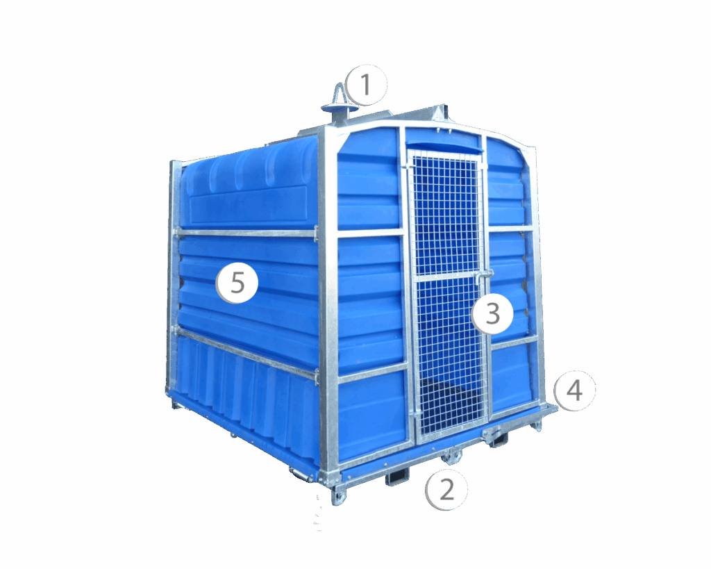 Eazybox 7m³ – conteneur avec potence, double trappe, porte latérale, cuve polyéthylène 8mm - Image 1