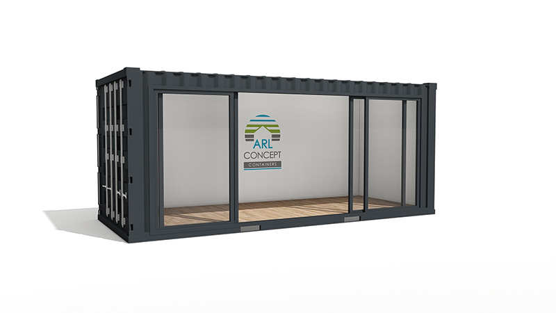 Bulle de vente – Container 20 pieds avec baie vitrée alu, finition RAL 7016/9010, électricité et sol parquet 1