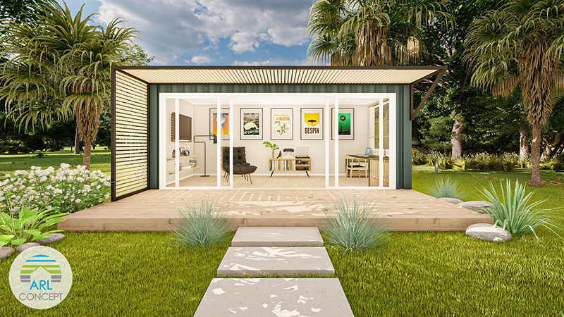 LE BUREAU – Container 20 pieds aménagé avec baie vitrée alu, électricité et sol parquet 1