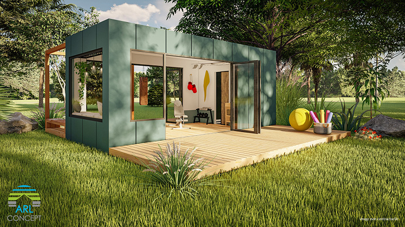 Container 20 pieds aménagé loisirs premium – Baie vitrée alu, fenêtre PVC, sanitaire, électricité, sol parquet 1