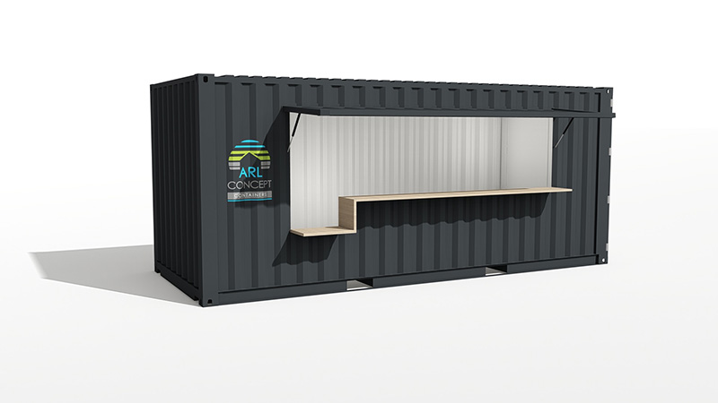 SNACK 1 – Container 20 Pieds avec ouverture sur vérin et comptoir mobile, finition RAL 7016 – 9010 1