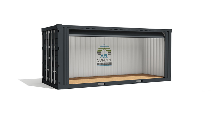 OPEN STORE – STAND – Container 20 pieds, ouverture rideau métallique, finition RAL 7016 – 9010 1